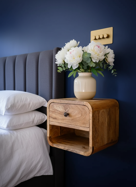 Solid wood floating bedside table on a Dark blue wall next to a double bed with white pillows and duvet.