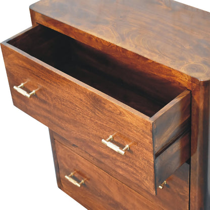 solid wood chest of Drawers in chestnut finish with one open drawer and two closed. 