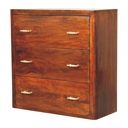 solid wood chest of Drawers in chestnut finish with three closed drawers 