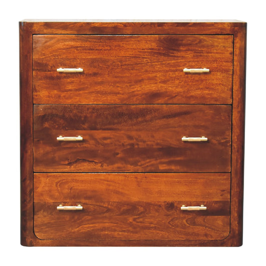 solid wood chest of Drawers in chestnut finish with 3 closed drawers set on a white background