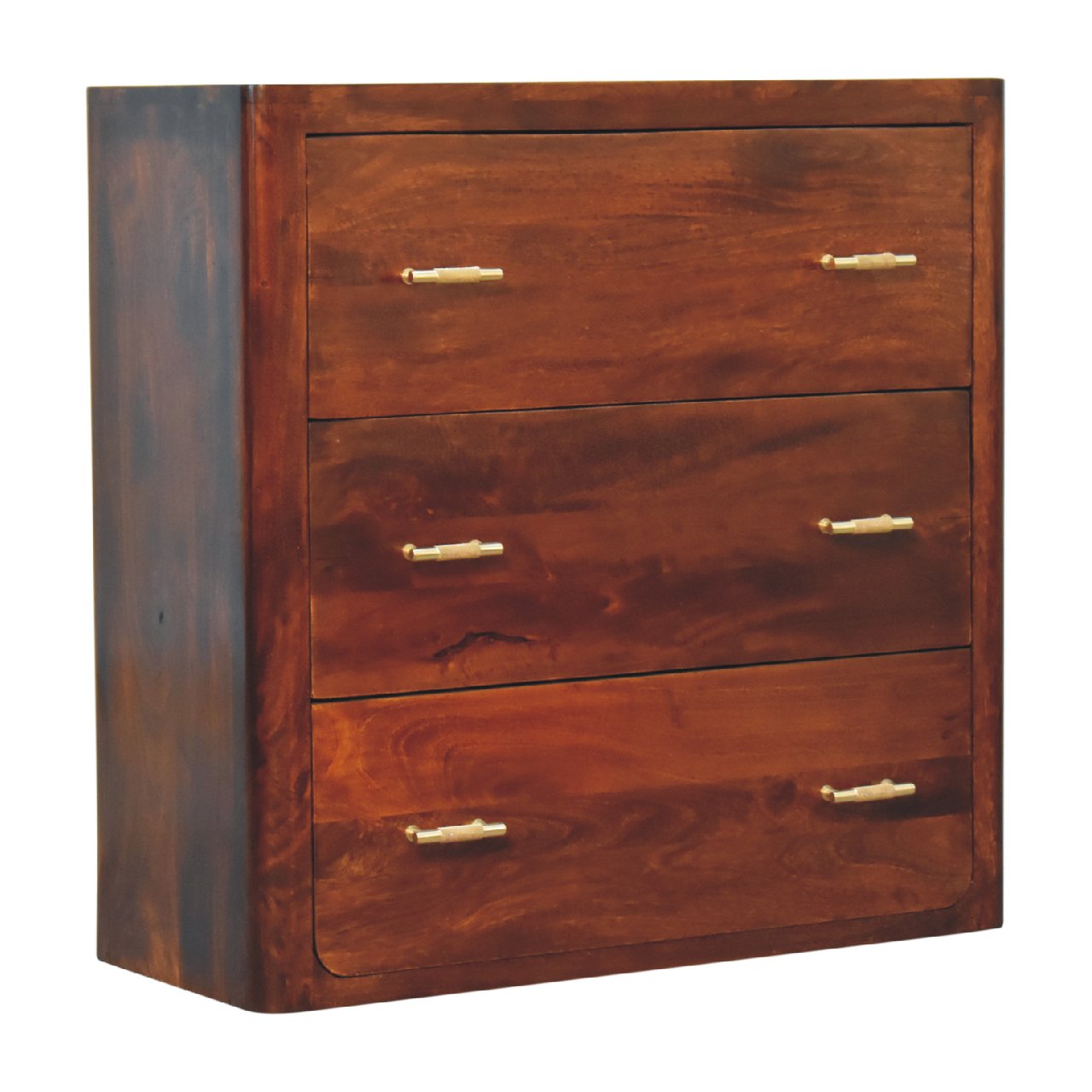 solid wood chest of Drawers in chestnut finish with three closed drawers. set on a white background