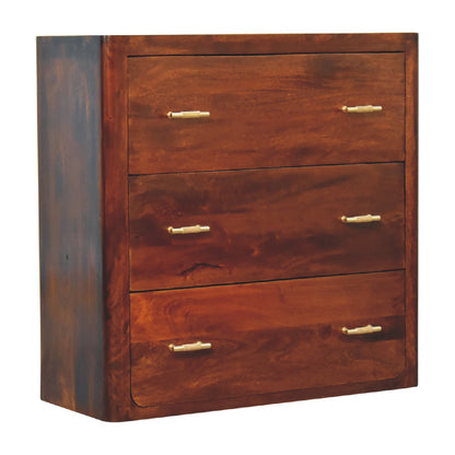 solid wood chest of Drawers in chestnut finish with three closed drawers. set on a white background