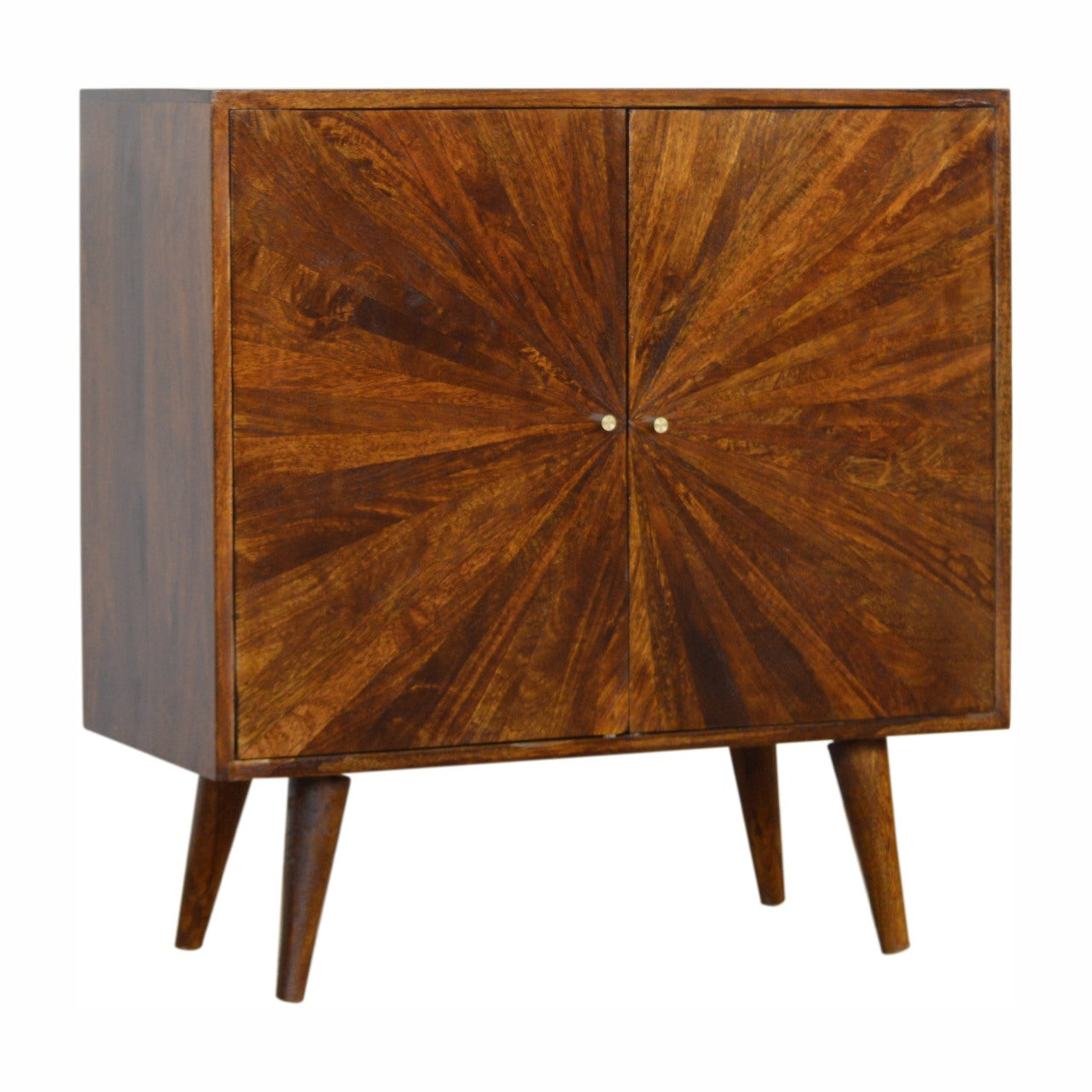 Chestnut Cabinet - Sunrise by Maple Manor cabinet in solid wood with sunrise sunburst doors and two round knobs
