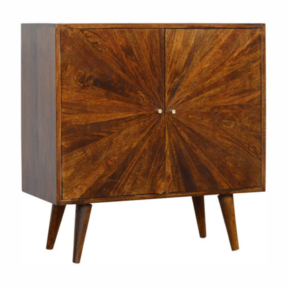Chestnut Cabinet - Sunrise by Maple Manor cabinet in solid wood with sunrise sunburst doors and two round knobs