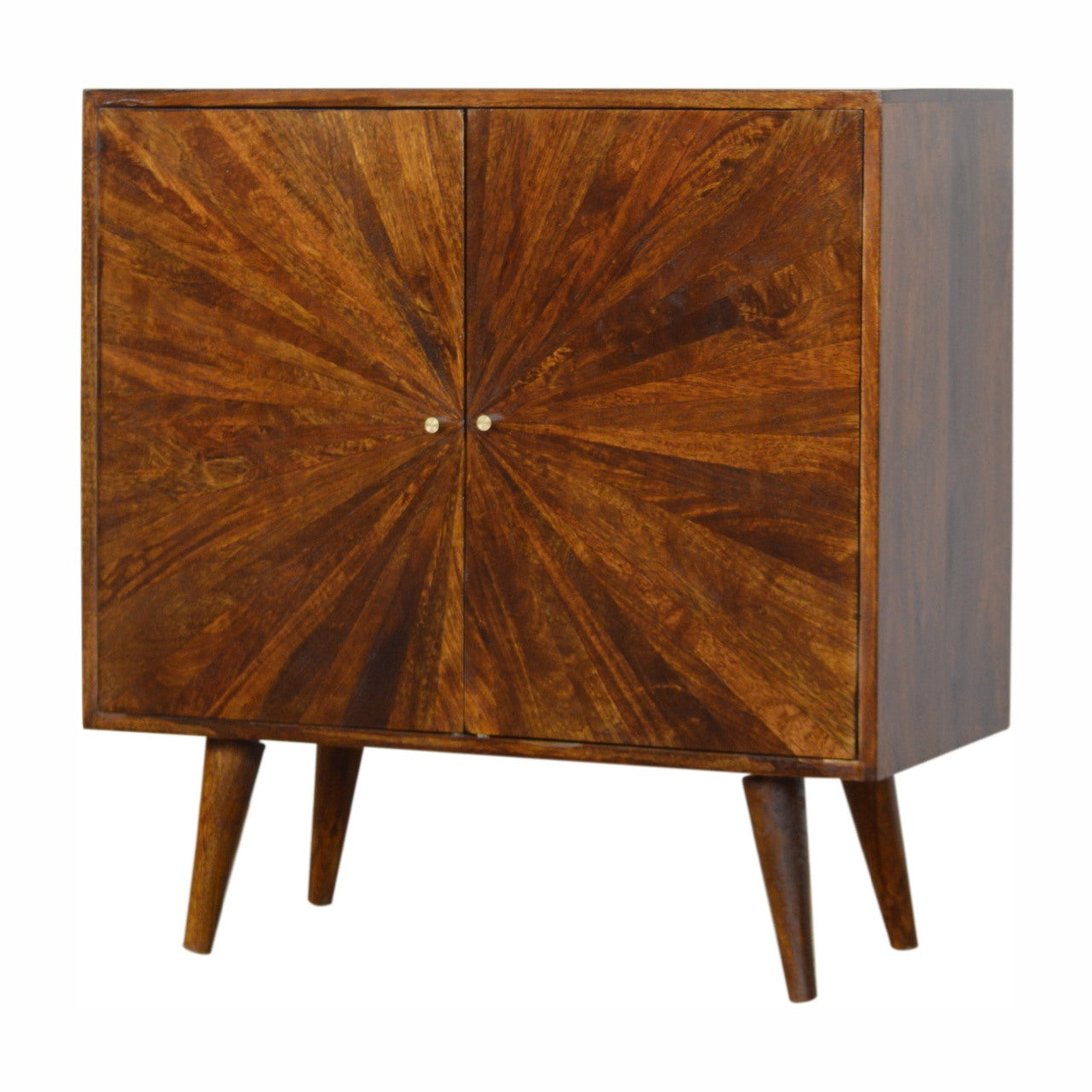 Chestnut Cabinet - Sunrise by Maple Manor in mango wood with sunburst door panel and tapered legs