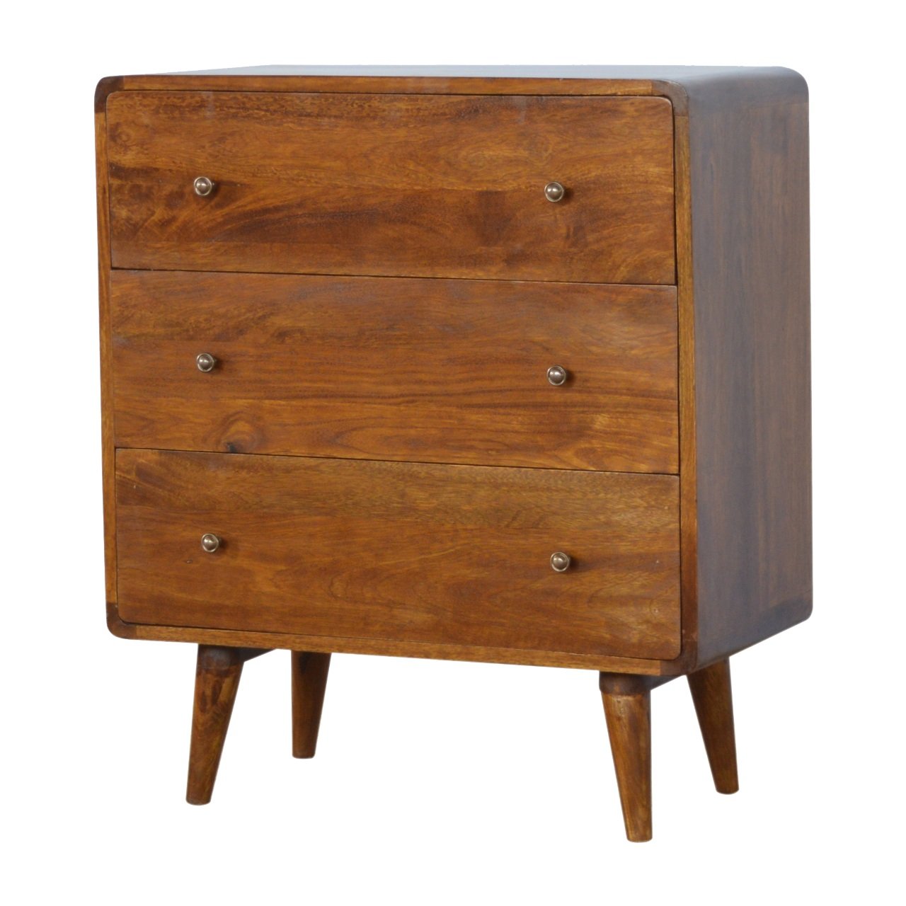 Chestnut Chest of Drawers - Curved by Maple Manor, solid wood drawers with curved fronts and round metal knobs