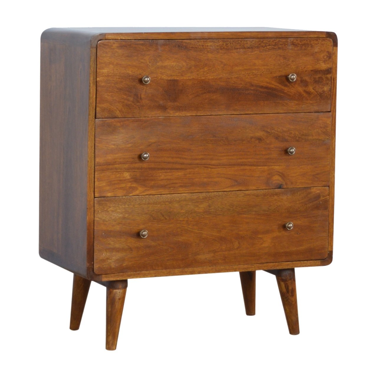 Chestnut Chest of Drawers - Curved by Maple Manor in solid wood, chestnut finish with three drawers and round knobs.