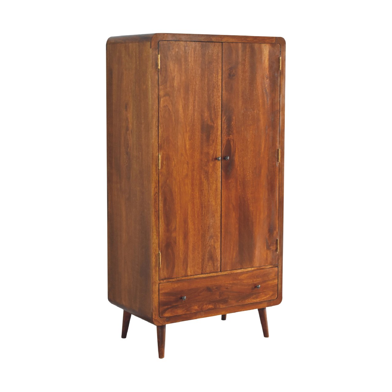 Chestnut Wardrobe - Curved by Maple Manor in mango wood with curved doors and lower drawer, standing legs