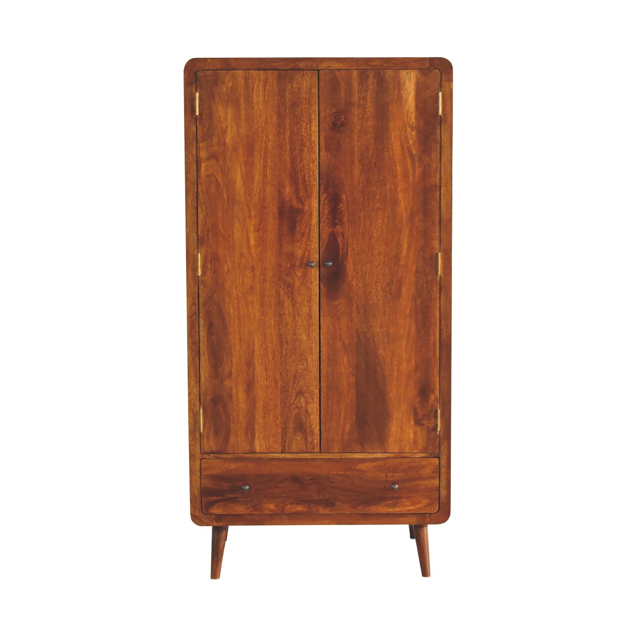 Chestnut Wardrobe - Curved by Maple Manor, solid wood curved cabinet with two doors and lower drawer.