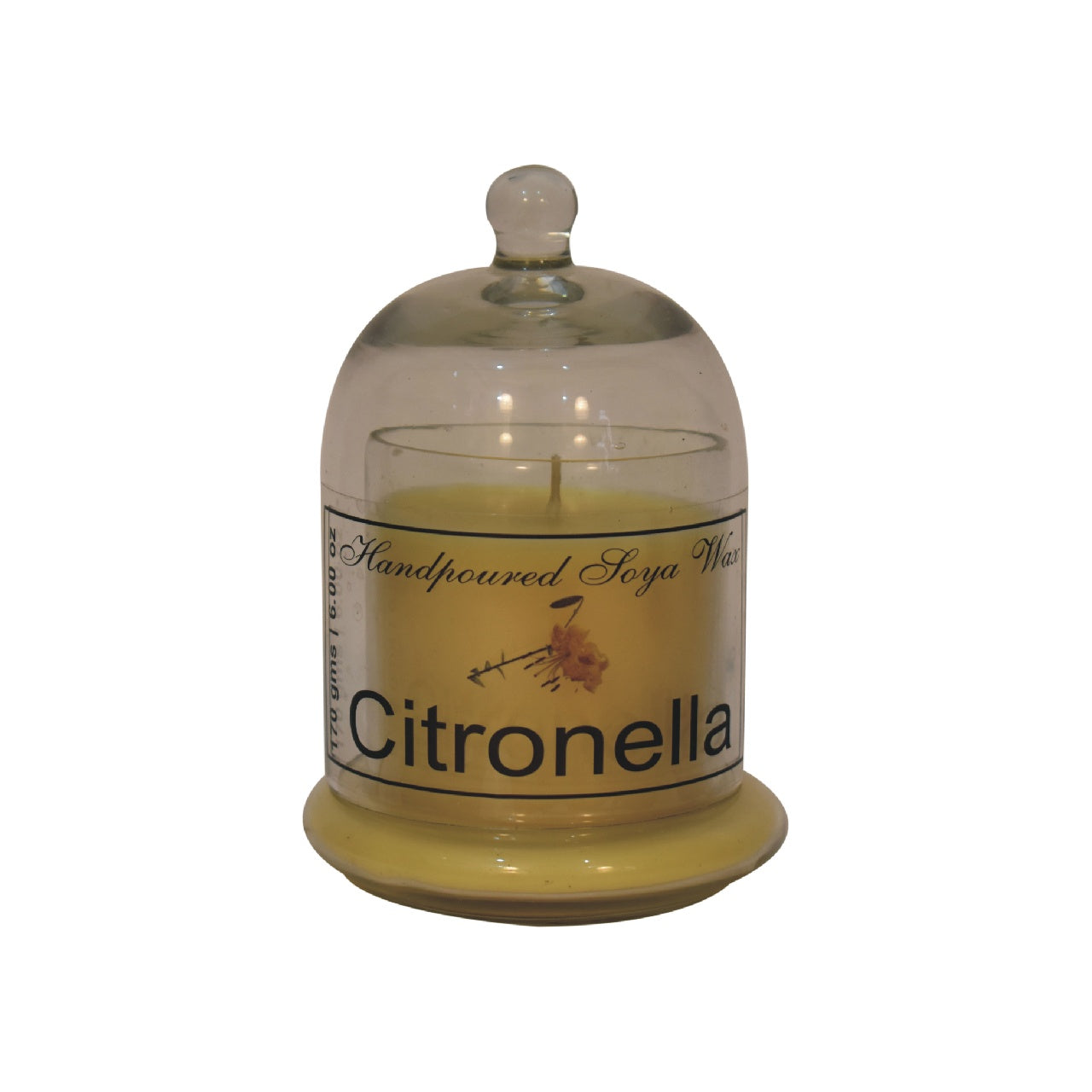dome-shaped jar with a Citronella scented candle inside. set on a white background