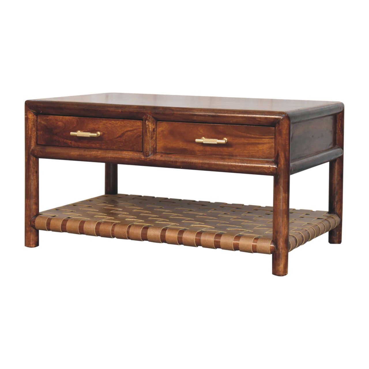 Console Table with 4 drawers - Regency Woven by Maple Manor in warm brown mango wood with two brass pulls