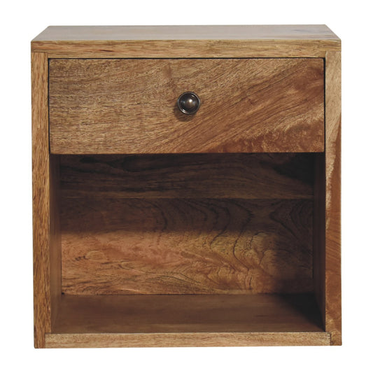 floating oak bedside table front face with draw and shelf 