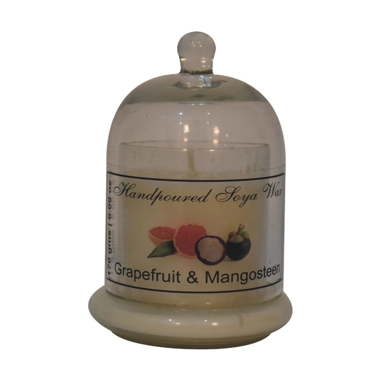 dome-shaped jar with a Grapefruit & mangosteen candle inside. set on a white background