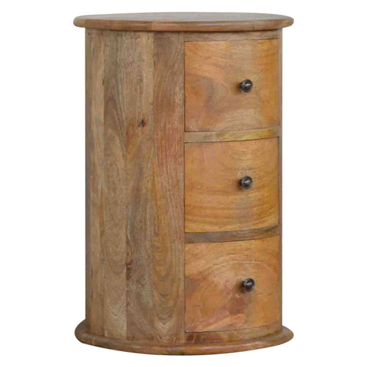 3 Drawer Drum Chest by Maple Manor solid wood bedside cabinet in honey brown with three drawers and round knobs