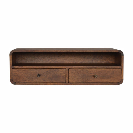 Floating Console Chestnut Open by Maple Manor console table in chestnut wood with open shelf and two drawers