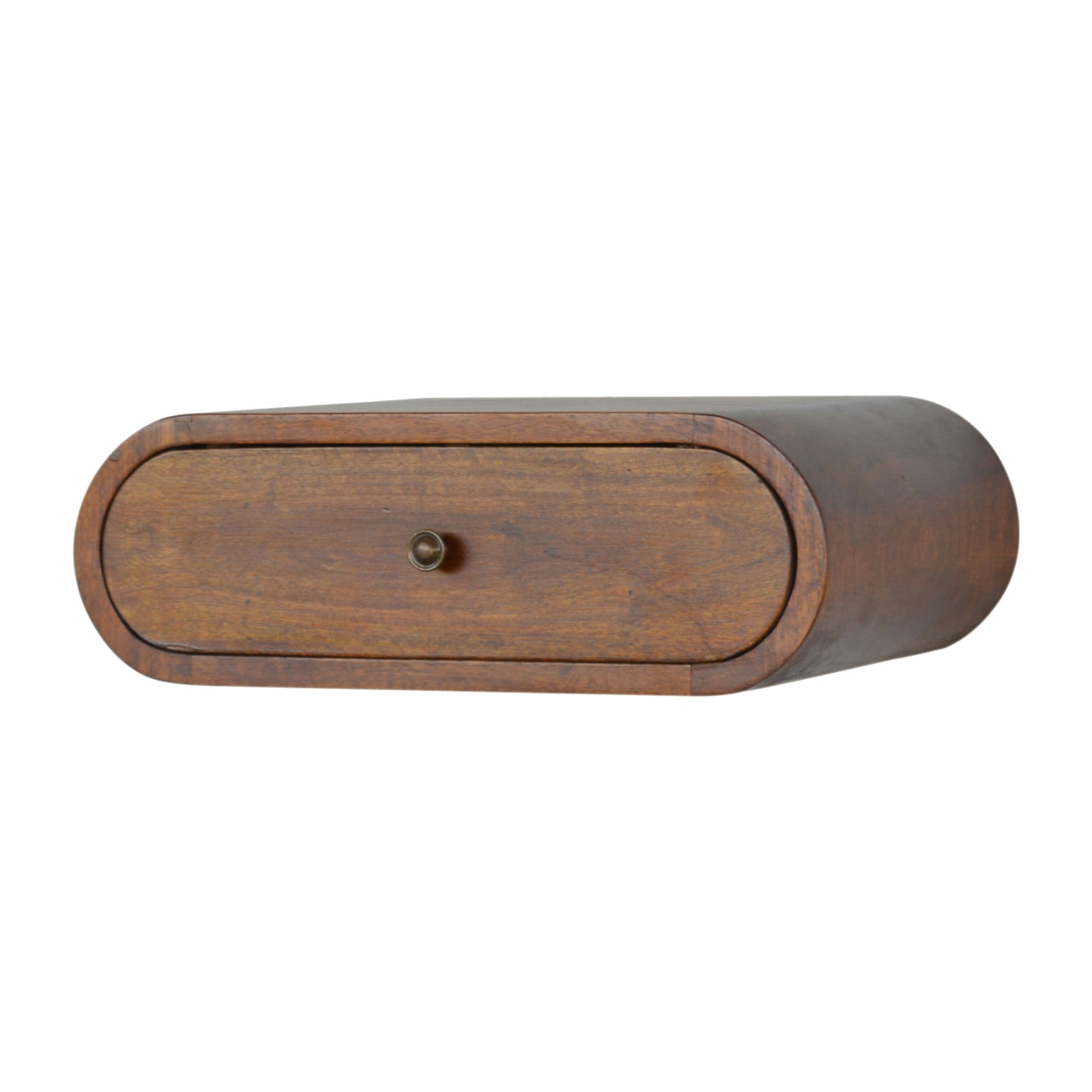 Wall Mounted Round Chestnut Bedside by Maple Manor, round wall drawer with brass knob in chestnut wood.