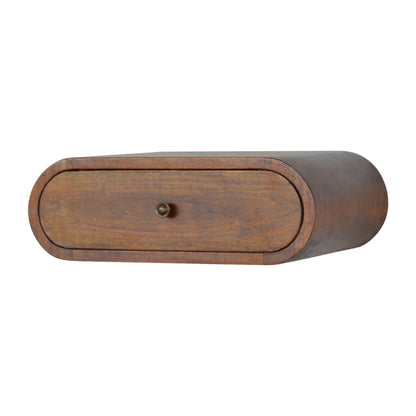 Wall Mounted Round Chestnut Bedside by Maple Manor, round wall drawer with brass knob in chestnut wood.