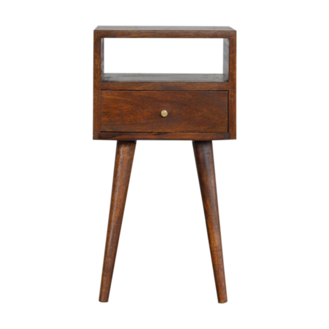 Mini Chestnut Bedside Maple Manor solid wood bedside table with drawer and open shelf on tapered legs