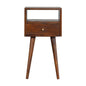 Mini Chestnut Bedside Maple Manor solid wood bedside table with drawer and open shelf on tapered legs