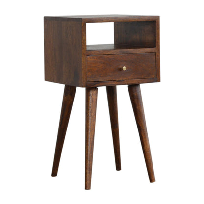 Mini Chestnut Bedside by Maple Manor solid wood bedside table with one drawer and open shelf, chestnut brown.