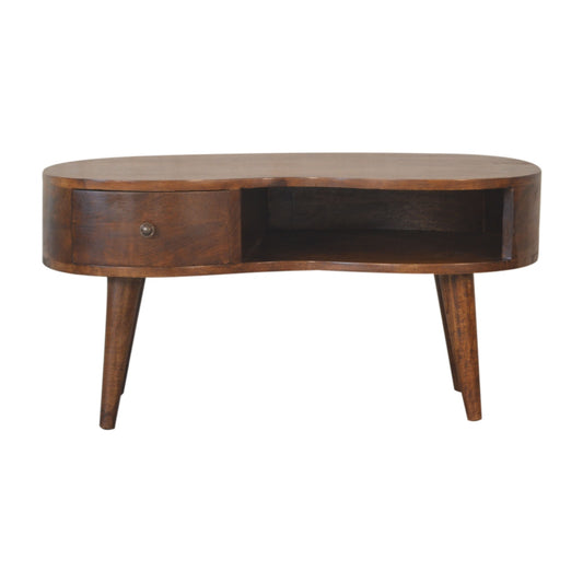 Chestnut Coffee Table Wave by Maple Manor coffee table in solid wood, with drawer and open wave-style shelf.