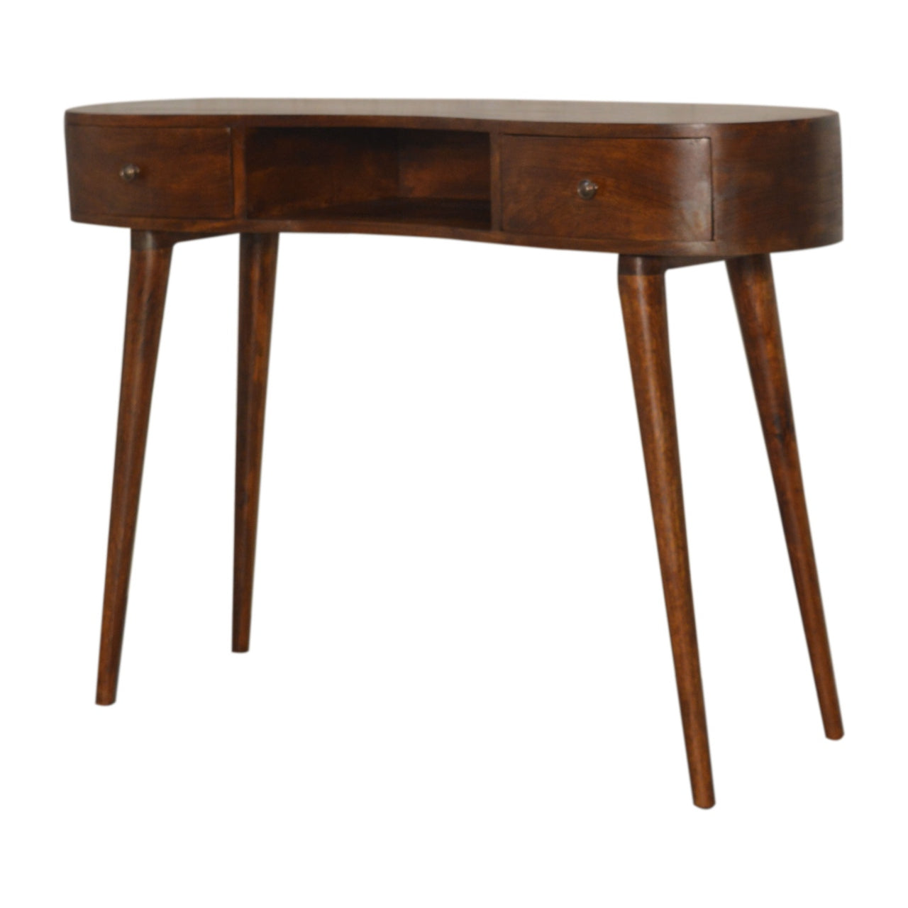 Chestnut Writing Desk Wave by Maple Manor solid wood writing desk in chestnut brown with two drawers