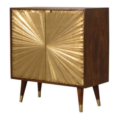 Cabinet Manila Gold by Maple Manor in solid wood with carved gold door panels and dark wood sides, tapered gold legs