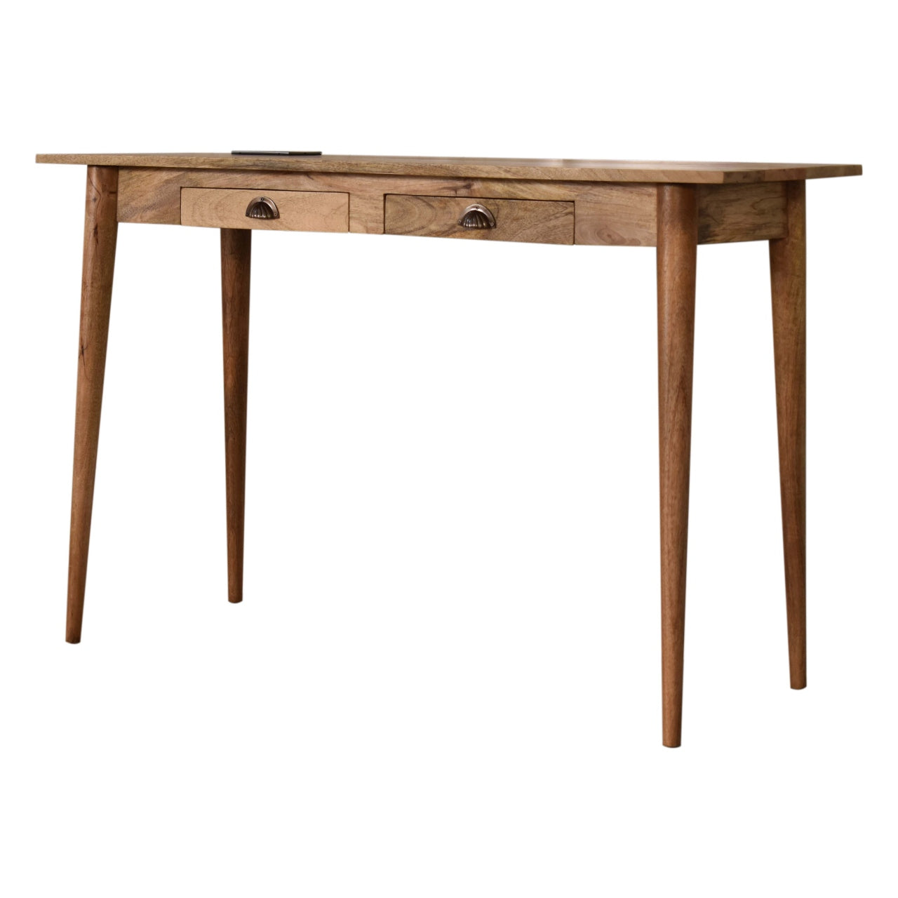 Writing Desk 2 Drawer Cable Maple Manor writing desk in solid wood, natural brown, with two drawers