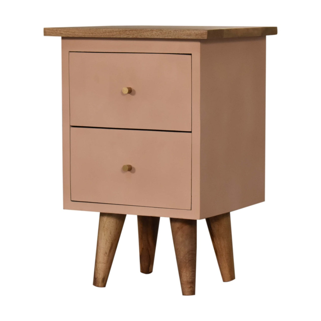 Bedside Blush Pink Hand Painted Maple Manor bedside table in blush pink with solid wood legs and two drawers