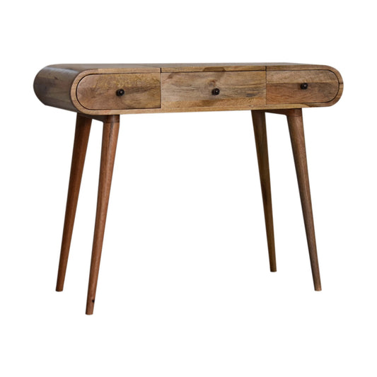 Oak-ish Dressing Table Round by Maple Manor, solid wood vanity with three drawers and dark knob hardware.