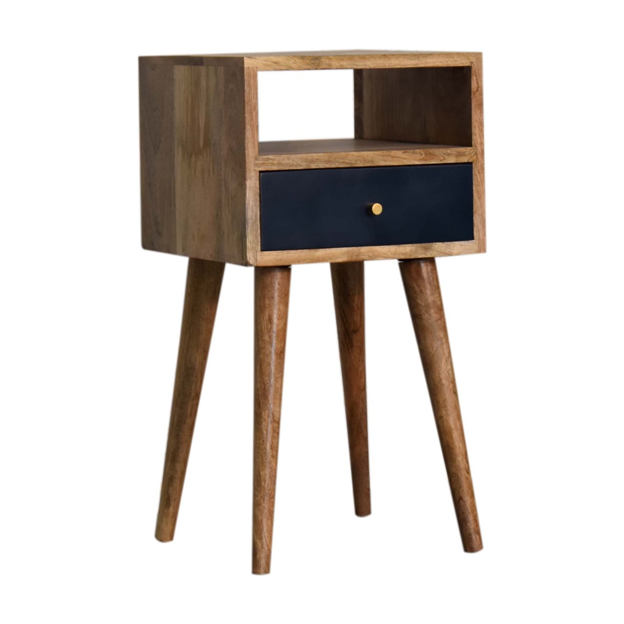 Hand Painted Bedside Mini Navy Blue Maple Manor bedside table with navy drawer and mango-wood frame