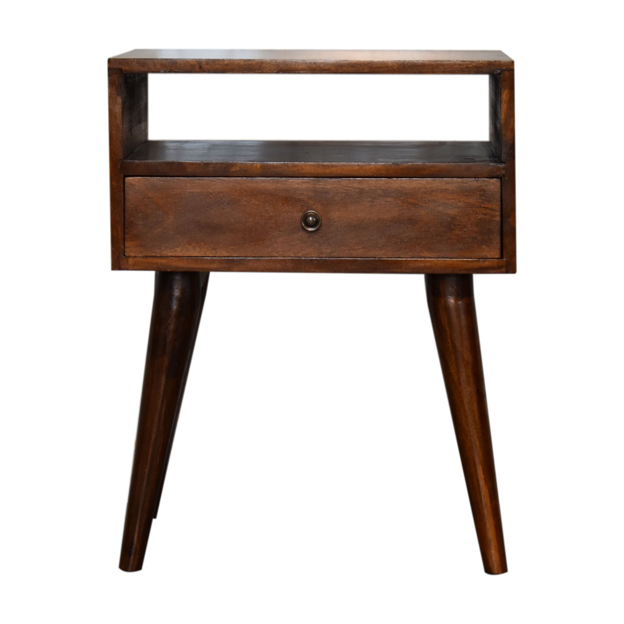 Chestnut Bedside Modern Solid Wood Maple Manor bedside table in chestnut with solid wood grain and drawer.