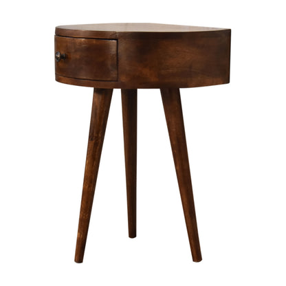 Chestnut Bedside - Semi Circle Maple Manor solid wood bedside table with one drawer and tapered legs