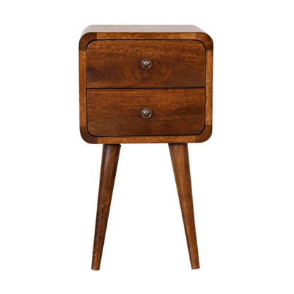 Chestnut Bedside Mini Curved by Maple Manor bedside table in chestnut brown mango wood with two drawers and round knobs