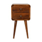 Chestnut Bedside Mini Curved by Maple Manor bedside table in chestnut brown mango wood with two drawers and round knobs