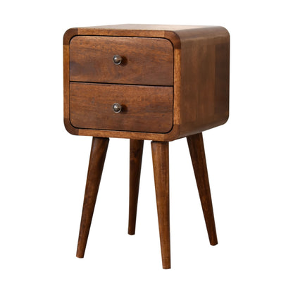 Chestnut Bedside Mini Curved by Maple Manor mini curved bedside table in mango wood with two drawers