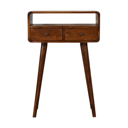 Mini Chestnut Console Table by Maple Manor console table in dark brown wood with two drawers and round knobs