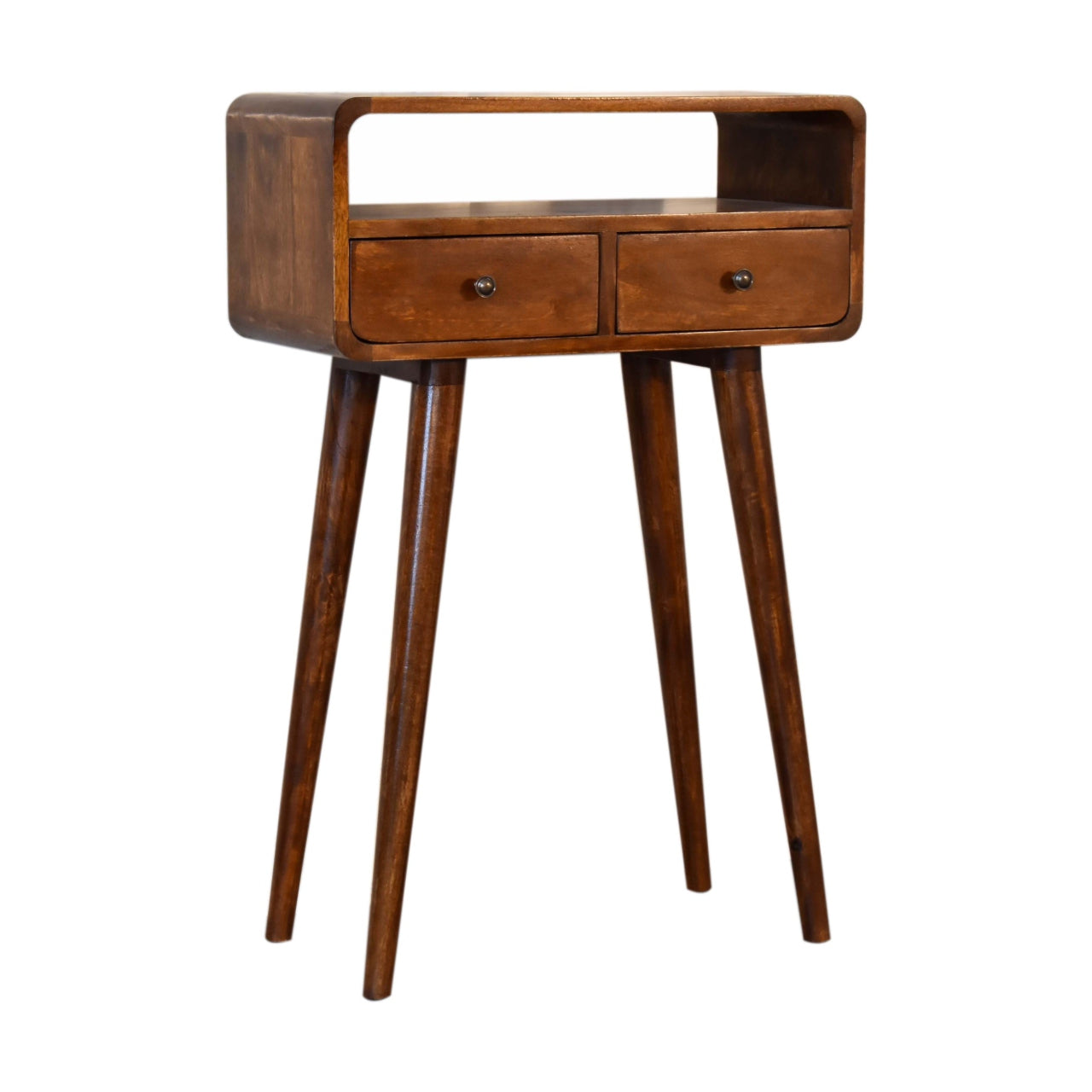 Mini Chestnut Console Table by Maple Manor in solid wood, with two drawers and open top shelf