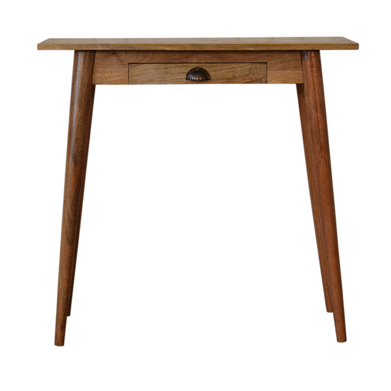 Mini Writing Desk Nordic Style Maple Manor desk with single drawer, carved knob, warm mango wood grain