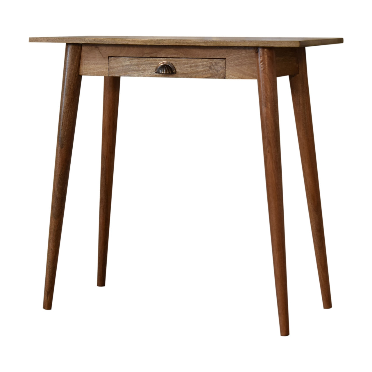 Mini Writing Desk Nordic Style by Maple Manor in warm mango wood with drawer and slim tapered legs