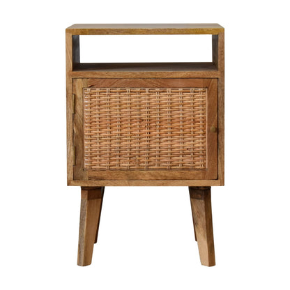 Bedside Knit Door by Maple Manor bedside table in solid wood with woven cabinet door and open shelf