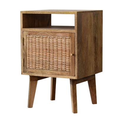 Bedside Knit Door Maple Manor bedside table in solid wood with woven rattan door and open shelf