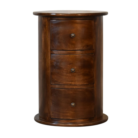 3 Drawer Chestnut Drum by Maple Manor bedside chest with three drawers in chestnut wood and round metal knob pulls