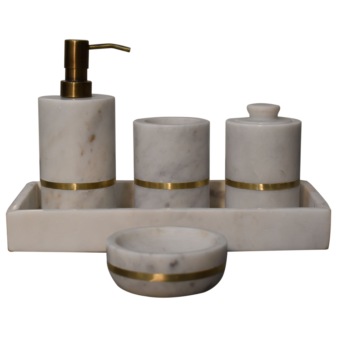 This 5-piece round bathroom set is made from white marble adorned with a brass band.