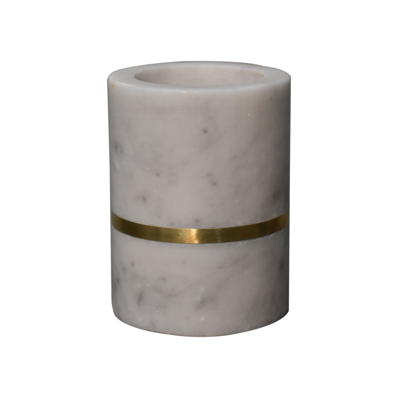 This 5-piece round bathroom set is made from white marble adorned with a brass band.