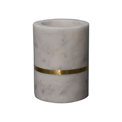 This 5-piece round bathroom set is made from white marble adorned with a brass band.
