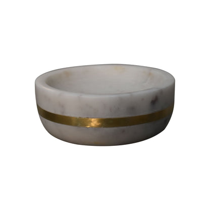 This 5-piece round bathroom set is made from white marble adorned with a brass band.