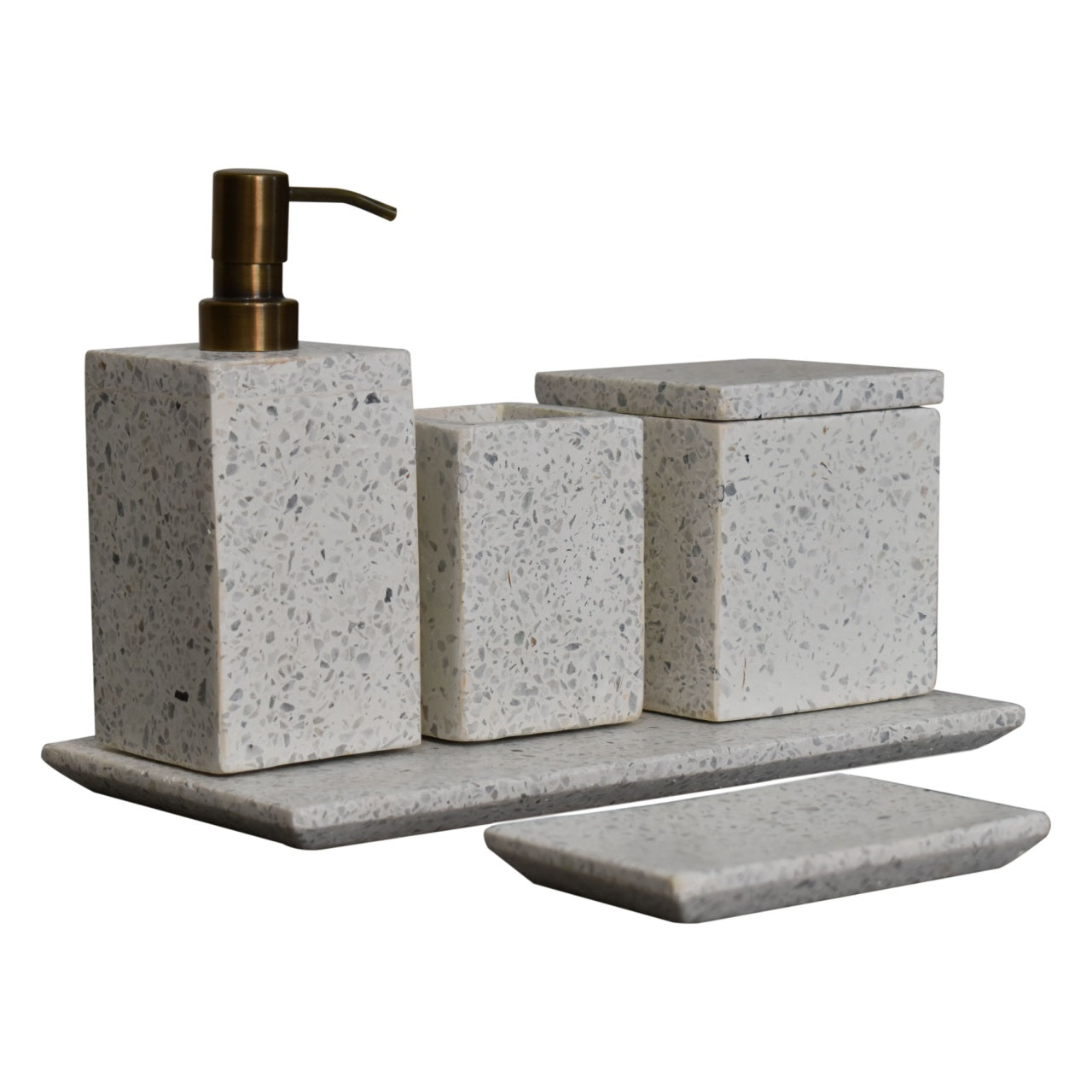 Trazzo 5-piece Bathroom Set by Maple Manor with grey speckled stone and bronze pump dispenser and trays.