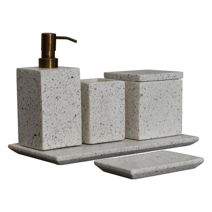 Trazzo 5-piece Bathroom Set by Maple Manor with grey speckled stone and bronze pump dispenser and trays.