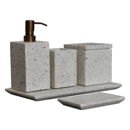 Trazzo 5-piece Bathroom Set by Maple Manor with grey speckled stone and bronze pump dispenser and trays.